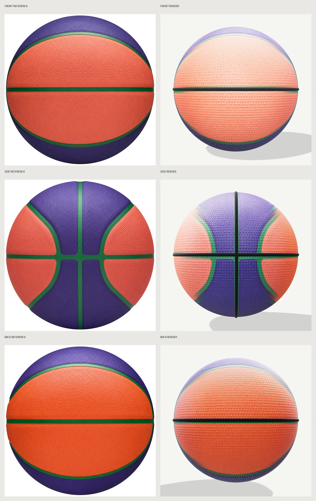Front, side, and back reference images compared with their rendered reconstruction